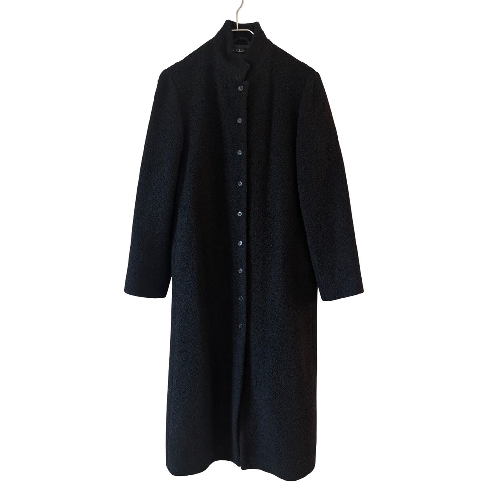 Sisley Womens Black Wool Blend Boucle Longline Mock Neck Coat Made in Italy XS